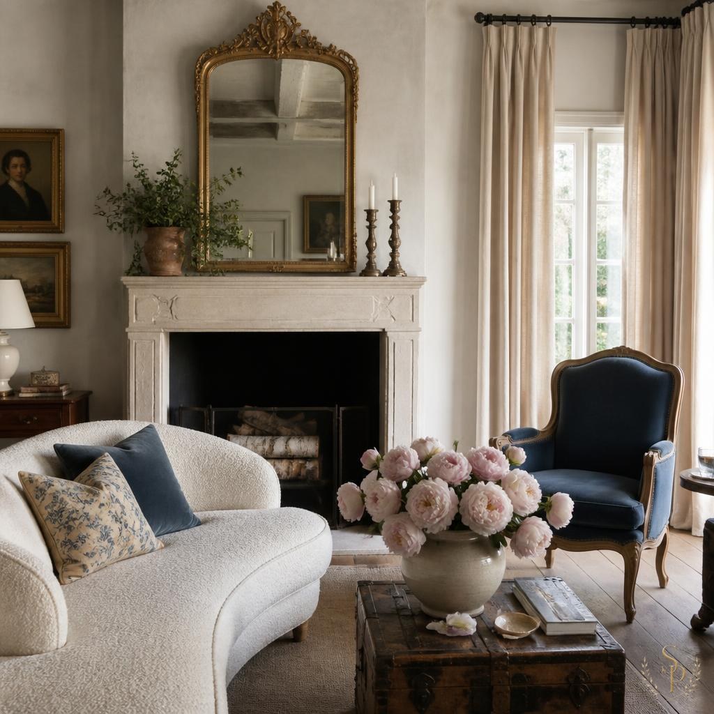 A layered sitting area with a curved ivory bouclé sofa, blue velvet French bergère, antique gilt mirror, and roses on a vintage trunk