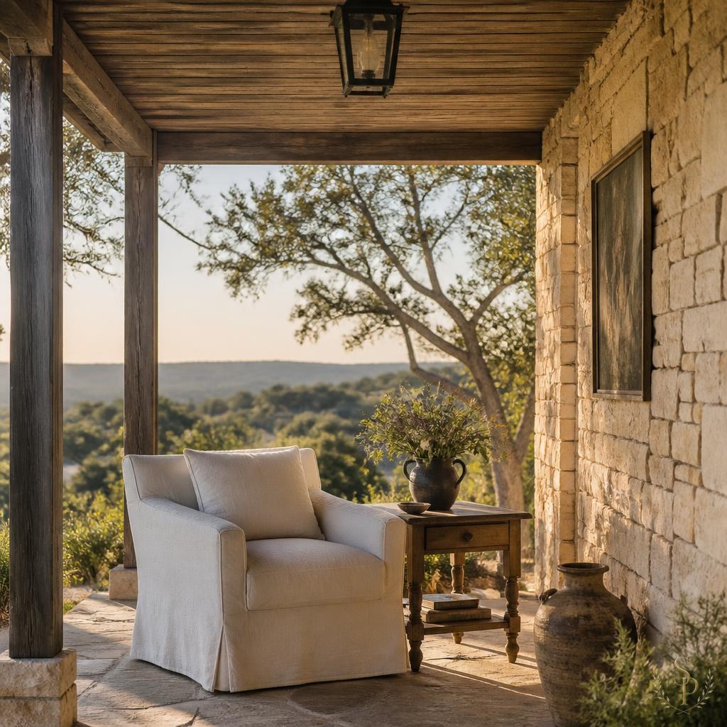 Refined Texas Hill Country porch with a slipcovered chair and stone wall