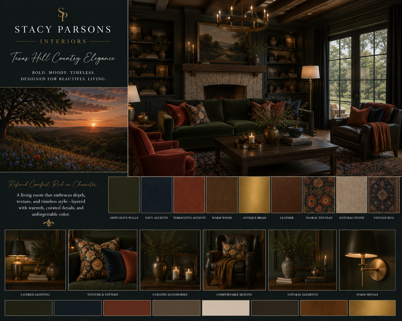 Moody living room mood board — deep olive walls, green velvet sofa, terracotta velvet chairs, leather recliner, brass chandelier