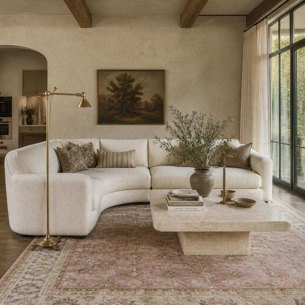 Fully styled living room with layered neutrals and a brass floor lamp