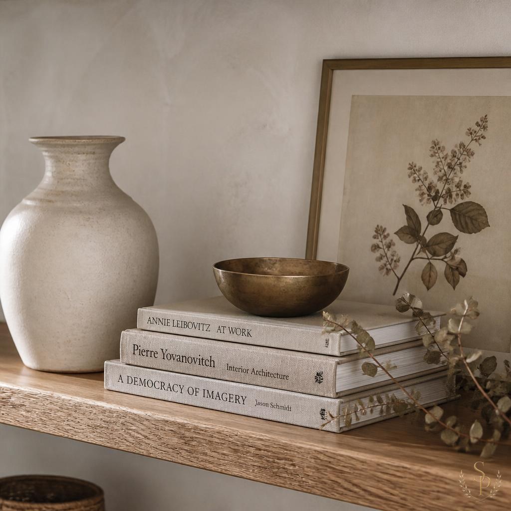 A styled oak shelf with a ceramic vase, stacked books, a brass bowl, and a framed botanical print