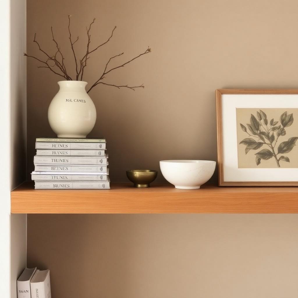 A styled oak shelf with a ceramic vase, stacked books, a brass bowl, and a framed botanical print