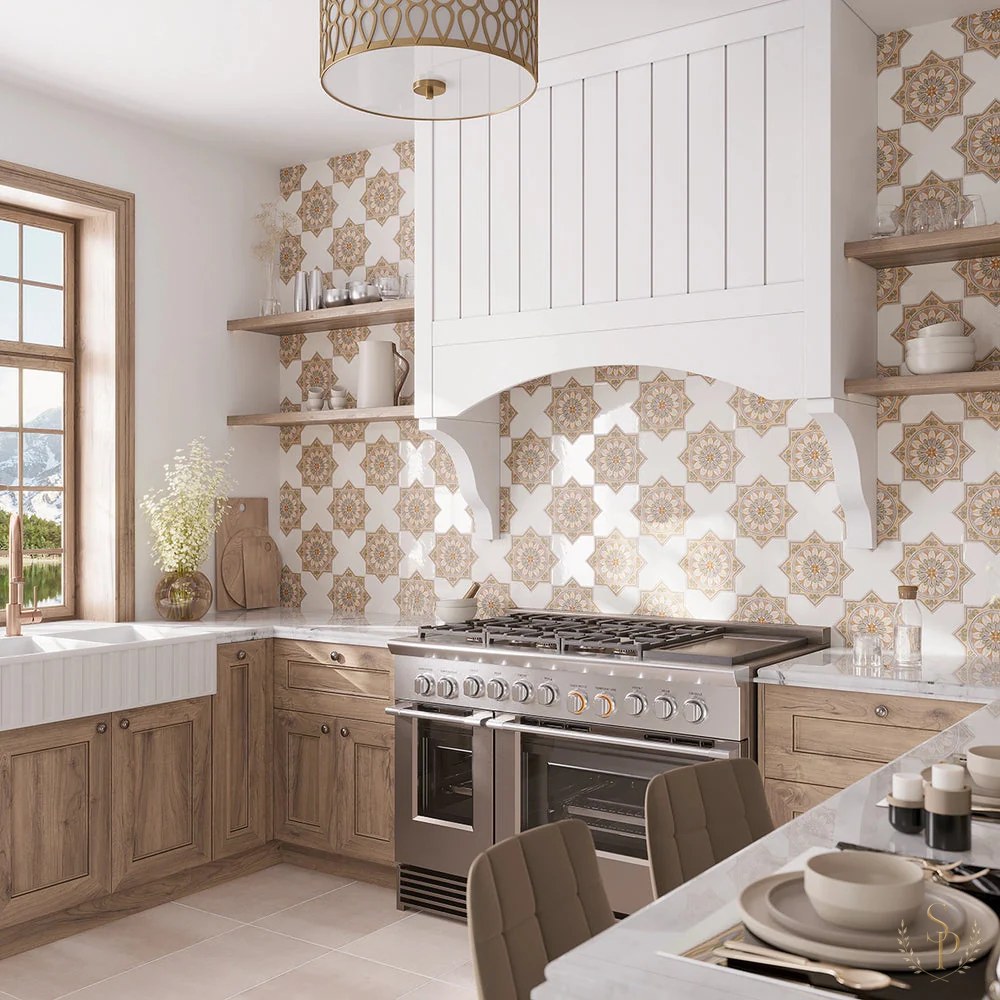 Warm wood kitchen with a custom plaster range hood and patterned tile backsplash