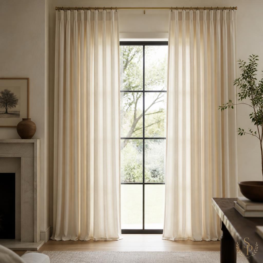 Floor-to-ceiling custom Euro-pleat linen drapery on a slim brass rod, tailored to a soft single break on warm oak floors