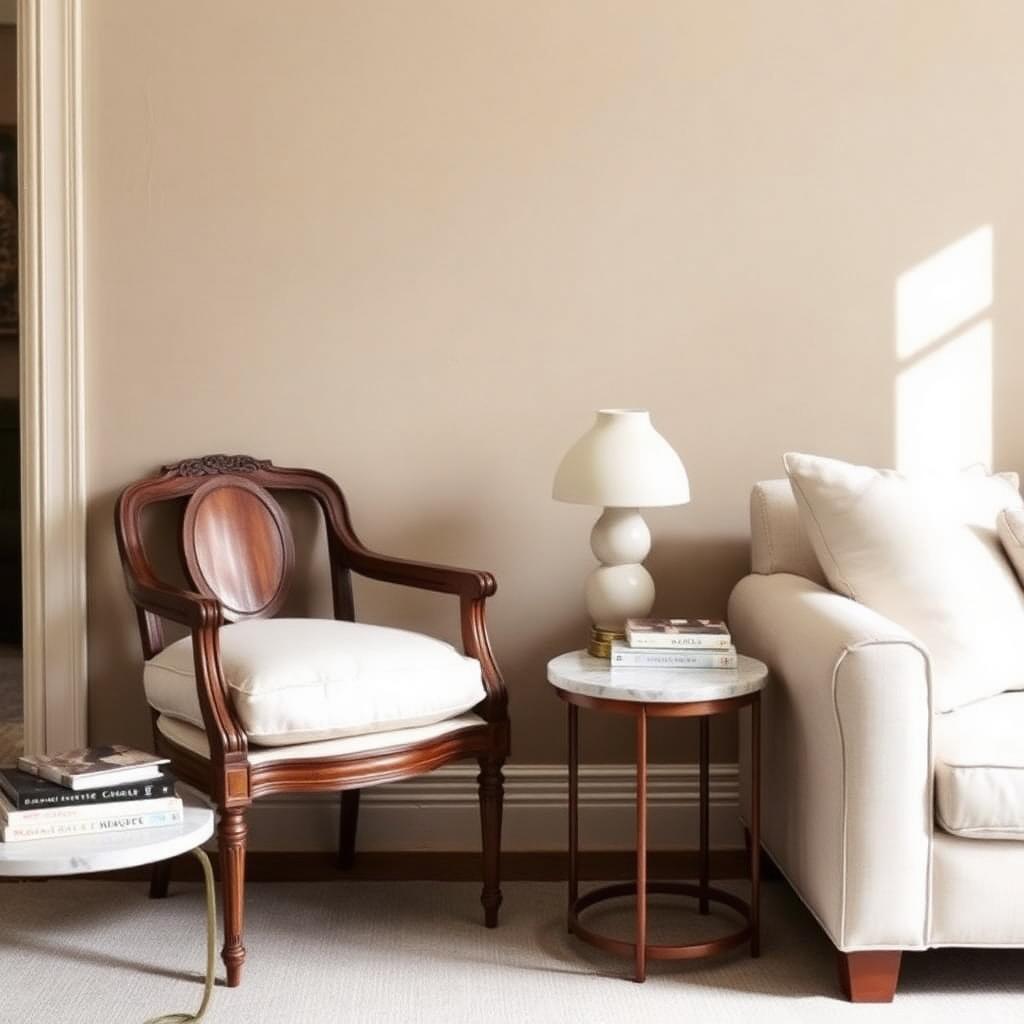Antique French armchair beside an ivory linen sofa with a marble side table