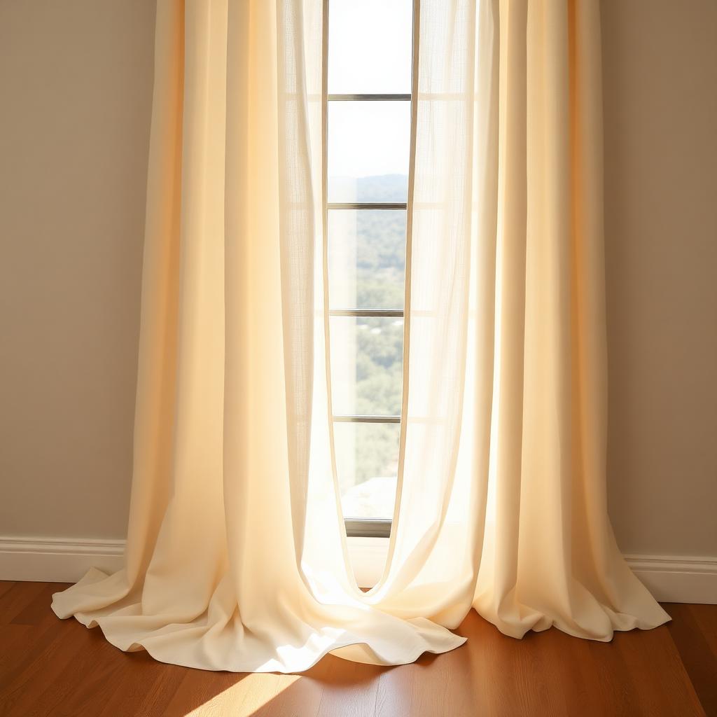 Floor-to-ceiling ivory linen drapery puddling on warm oak floors