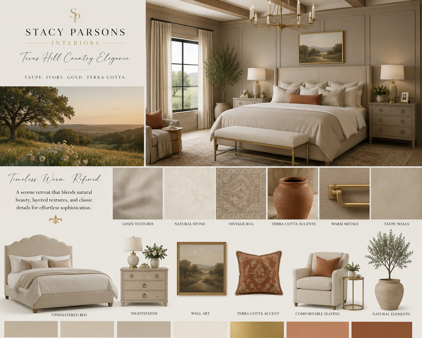 Texas Hill Country Elegance bedroom mood board — upholstered bed, ivory linens, brass chandelier, terracotta accents